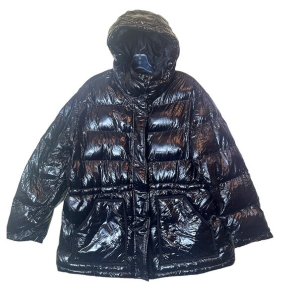 Gap NEW Shiny Puffer Jacket Hood Oversized Pockets Synthetic Cozy Parka Warm L - Picture 2 of 16